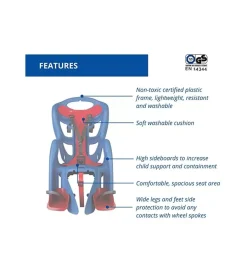Seggiolino posteriore blu per bicicletta per bambini, max. 22 kg, da 3 a 8 anni - si fissa al portapacchi><noscript><img width=