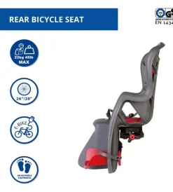 Seggiolino posteriore grigio scuro e rosso per bicicletta per bambini, max. 22 kg, da 3 a 8 anni - si fissa al portapacchi> New