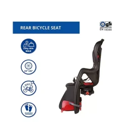 Seggiolino posteriore nero e rosso per bicicletta per bambini, max. 22 kg, da 3 a 8 anni - si fissa al portapacchi> Online