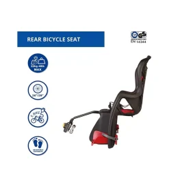 Seggiolino posteriore nero e rosso per bicicletta per bambini, max. 22 kg, da 3 a 8 anni - si fissa al telaio>